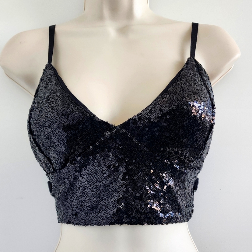Women's Sparkly Sequin Spaghetti Strap Crop Top | Black | Medium